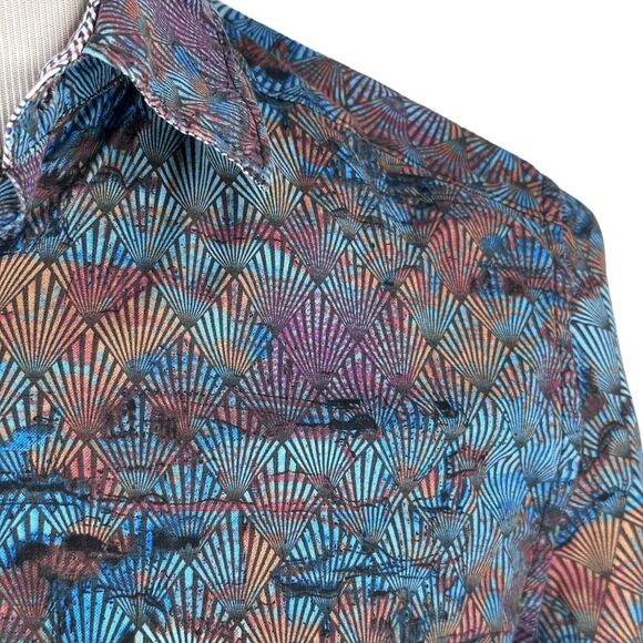 Robert Graham Shirt Men’s Small Geometric Fans Colorful Flip Cuff Button Up Blue - Picture 3 of 11